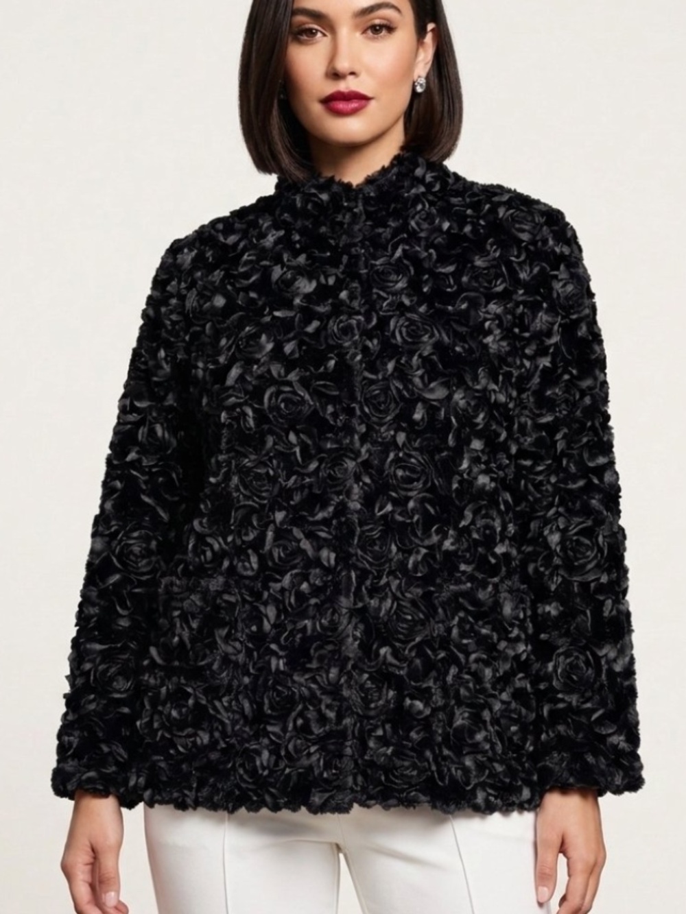 RARE Regal Faux Fur 3D Rosette Textured Jacket Black Plus Size 1X